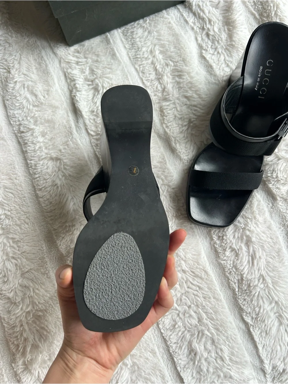 Gucci Black Leather Wedge Mules